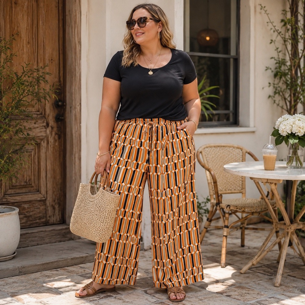 Du Jour Geometric Wide Leg‎ Palazzo Pants 3X Petite Retro Pull On